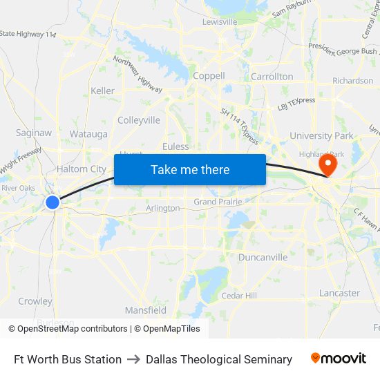 Ft Worth Bus Station to Dallas Theological Seminary map