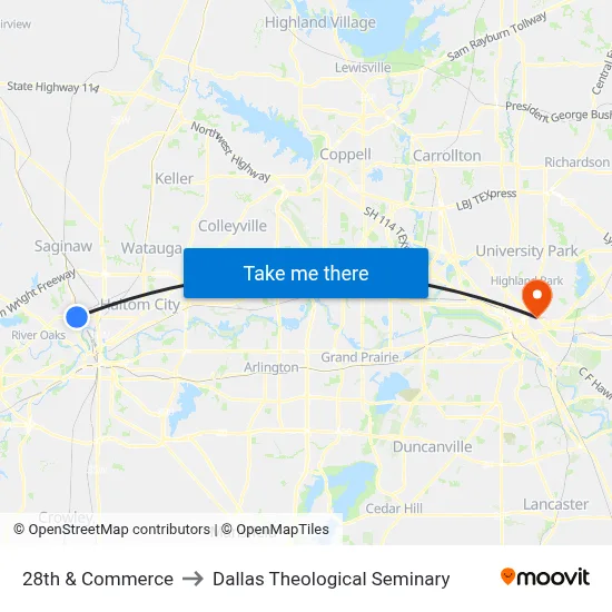 28th & Commerce to Dallas Theological Seminary map