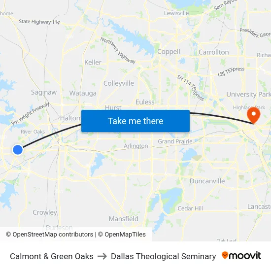 Calmont & Green Oaks to Dallas Theological Seminary map
