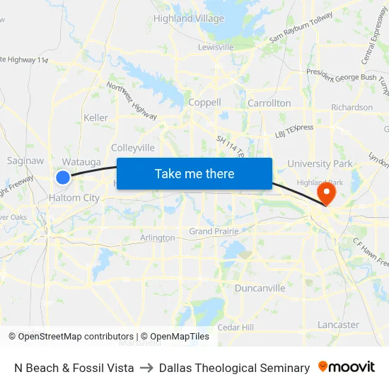 N Beach & Fossil Vista to Dallas Theological Seminary map