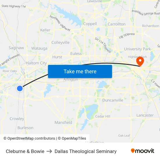 Cleburne & Bowie to Dallas Theological Seminary map