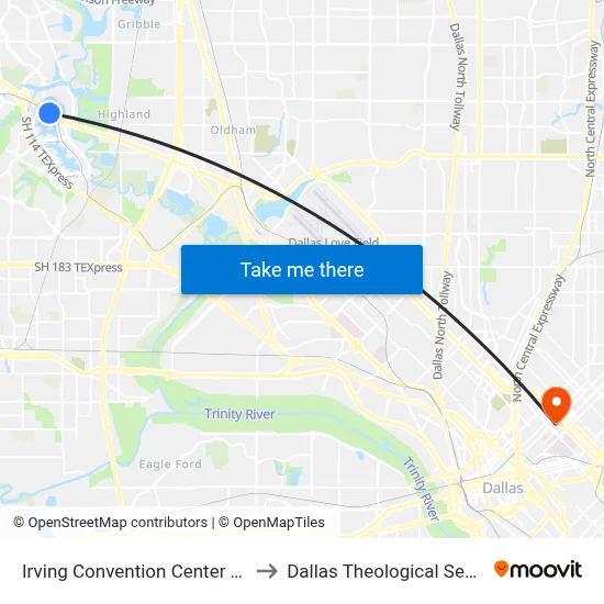 Irving Convention Center Station to Dallas Theological Seminary map