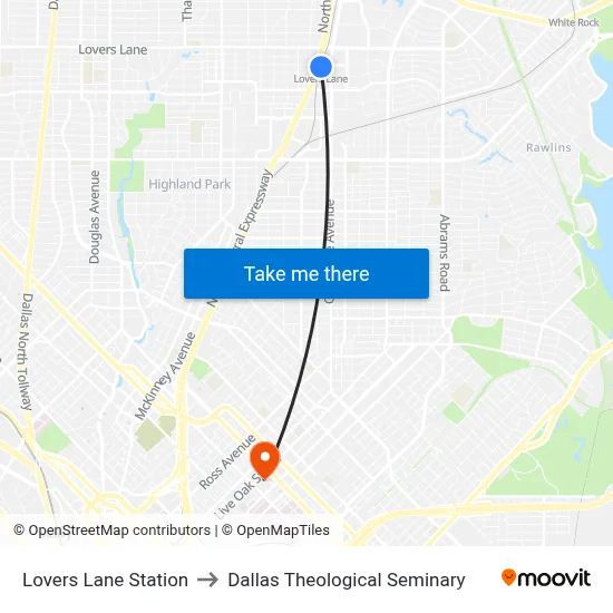 Lovers Lane Station to Dallas Theological Seminary map