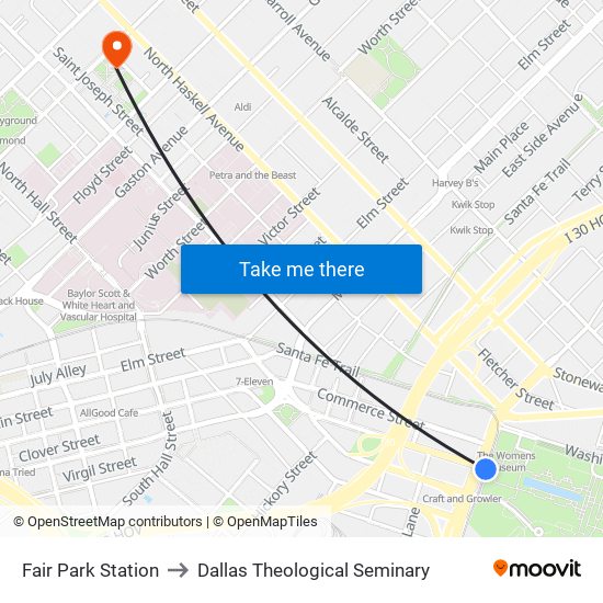 Fair Park Station to Dallas Theological Seminary map