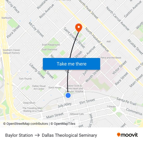 Baylor Station to Dallas Theological Seminary map
