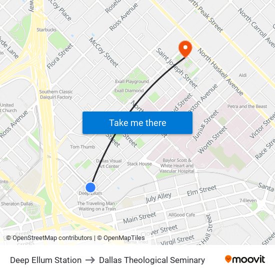 Deep Ellum Station to Dallas Theological Seminary map