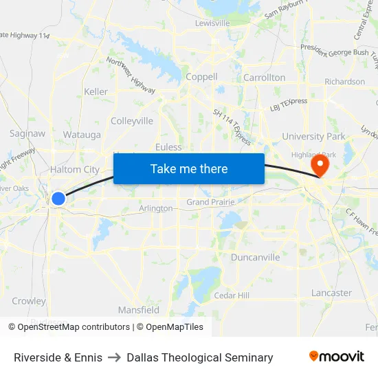 Riverside & Ennis to Dallas Theological Seminary map