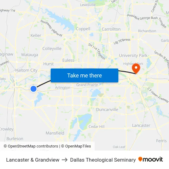 Lancaster & Grandview to Dallas Theological Seminary map
