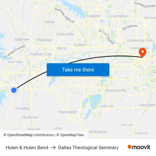 Hulen & Hulen Bend to Dallas Theological Seminary map