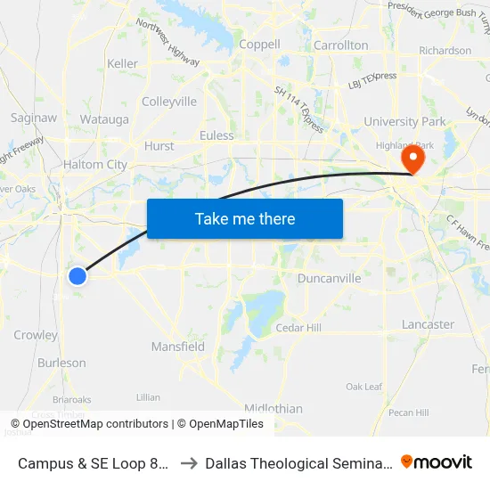 Campus & SE Loop 820 to Dallas Theological Seminary map