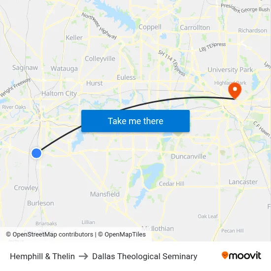 Hemphill & Thelin to Dallas Theological Seminary map