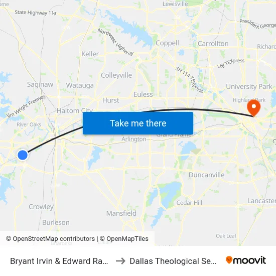 Bryant Irvin & Edward Ranch Rd to Dallas Theological Seminary map