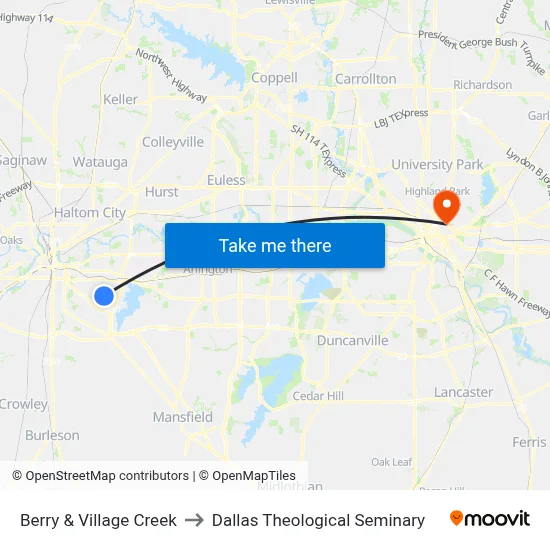 Berry & Village Creek to Dallas Theological Seminary map