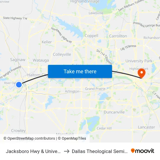 Jacksboro Hwy & University to Dallas Theological Seminary map