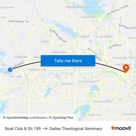Boat Club & Sh 199 to Dallas Theological Seminary map