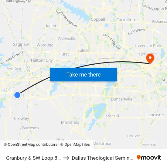 Granbury & SW Loop 820 to Dallas Theological Seminary map