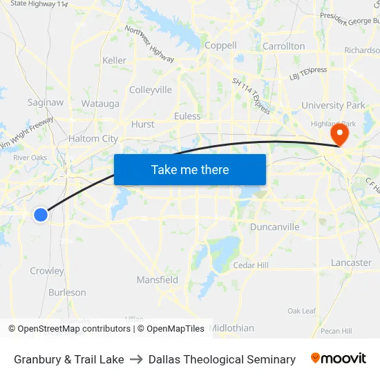 Granbury & Trail Lake to Dallas Theological Seminary map