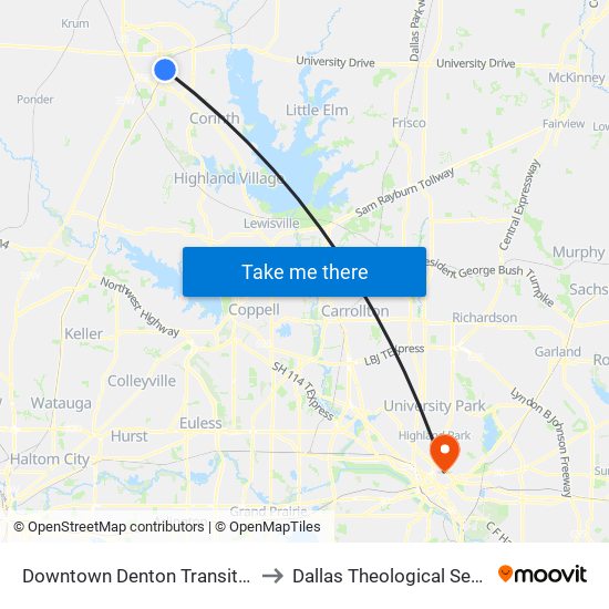Downtown Denton Transit Center to Dallas Theological Seminary map