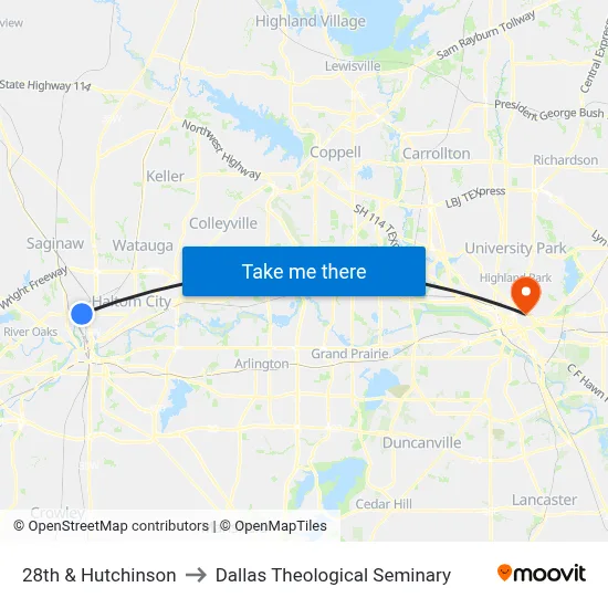 28th & Hutchinson to Dallas Theological Seminary map