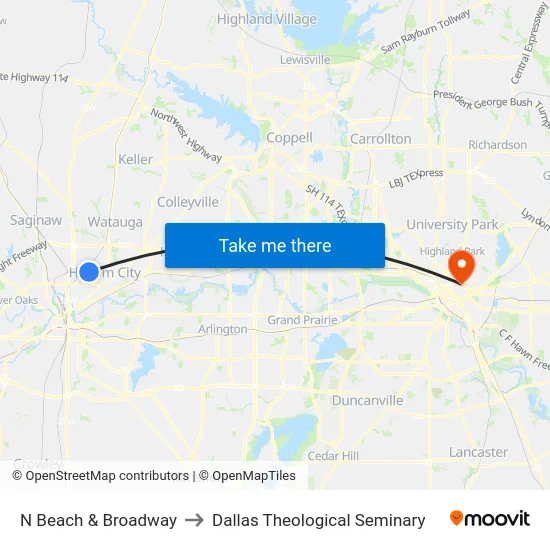 N Beach & Broadway to Dallas Theological Seminary map