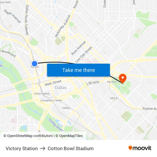 Victory Station to Cotton Bowl Stadium map