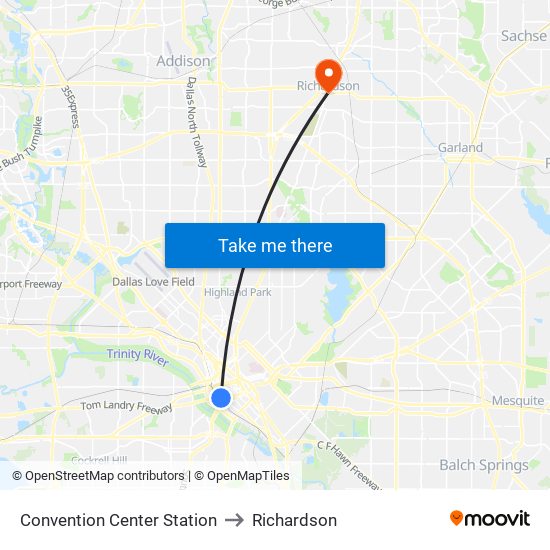 Convention Center Station to Richardson map