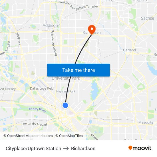 Cityplace/Uptown Station to Richardson map