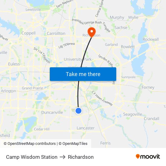 Camp Wisdom Station to Richardson map