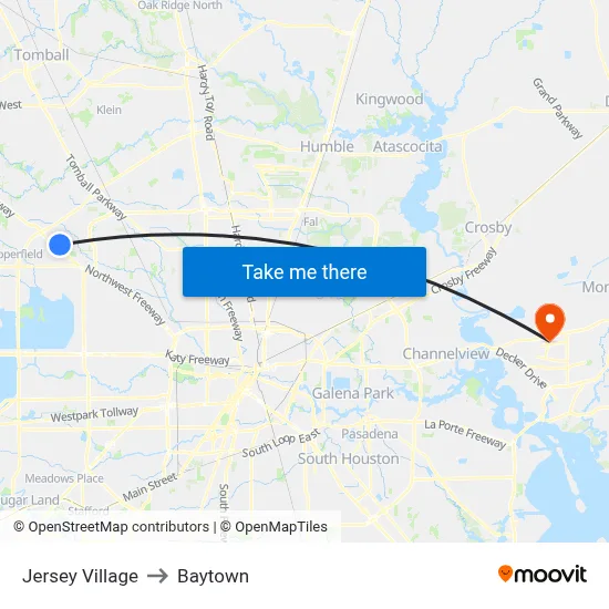 Jersey Village to Baytown map