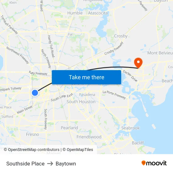 Southside Place to Baytown map