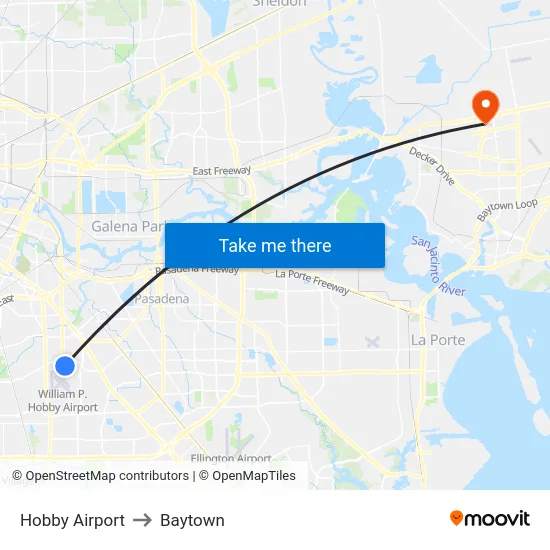 Hobby Airport to Baytown map