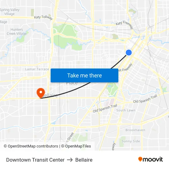 Downtown Transit Center to Bellaire map