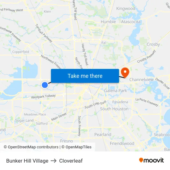 Bunker Hill Village to Cloverleaf map