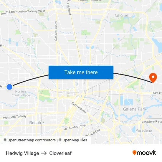 Hedwig Village to Cloverleaf map