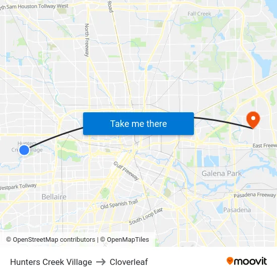 Hunters Creek Village to Cloverleaf map