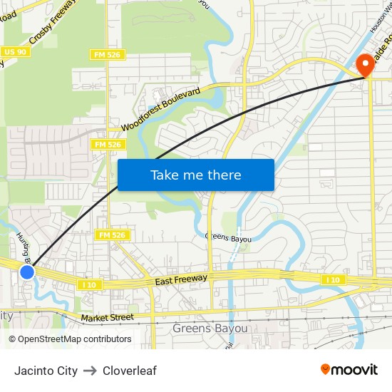 Jacinto City to Cloverleaf map