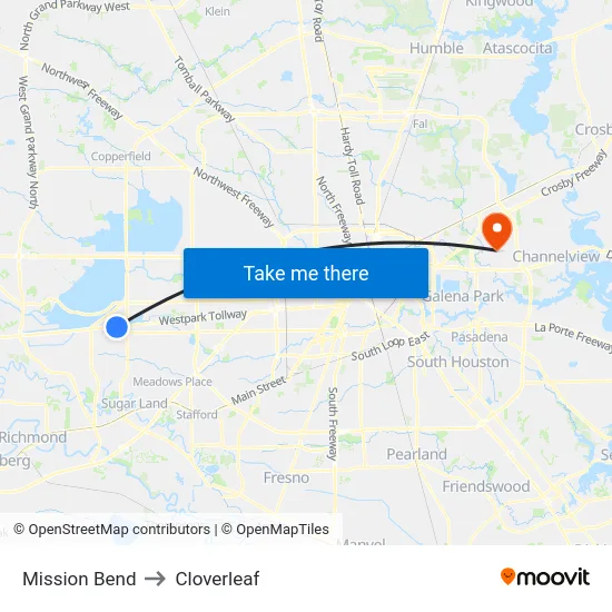 Mission Bend to Cloverleaf map