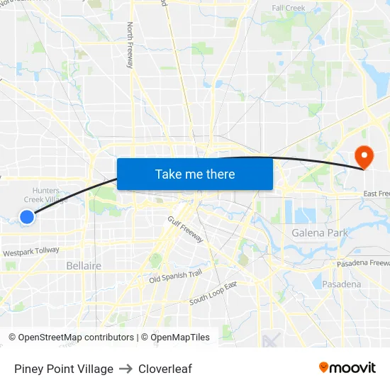 Piney Point Village to Cloverleaf map