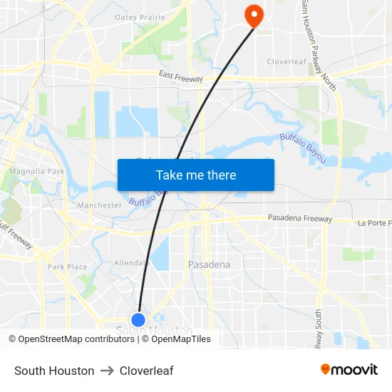 South Houston to Cloverleaf map