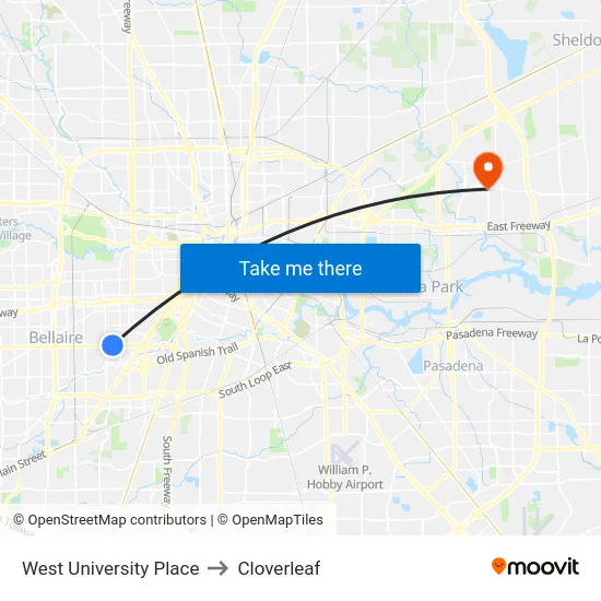 West University Place to Cloverleaf map