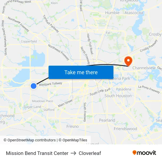 Mission Bend Transit Center to Cloverleaf map