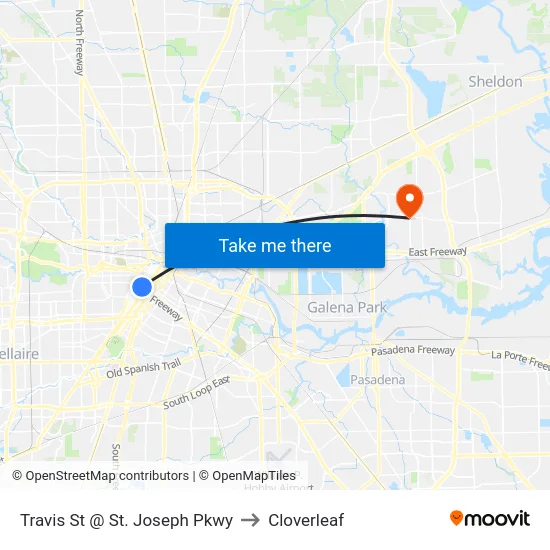 Travis St @ St. Joseph Pkwy to Cloverleaf map
