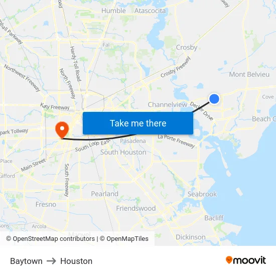 Baytown to Houston map