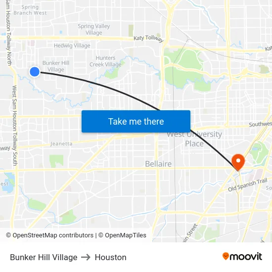 Bunker Hill Village to Houston map