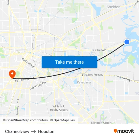 Channelview to Houston map