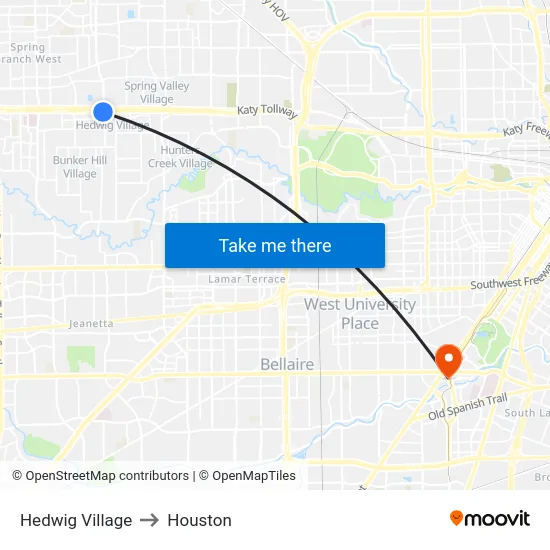 Hedwig Village to Houston map