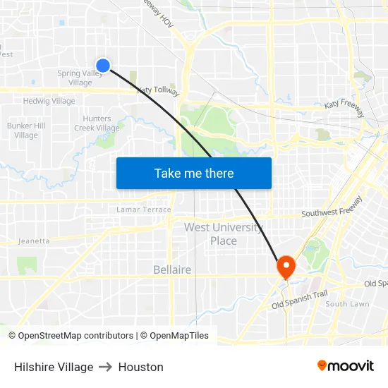 Hilshire Village to Houston map