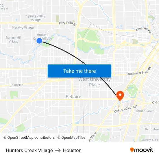 Hunters Creek Village to Houston map