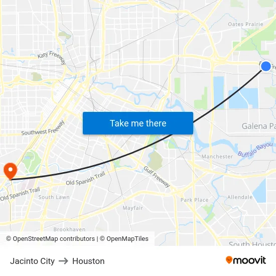 Jacinto City to Houston map
