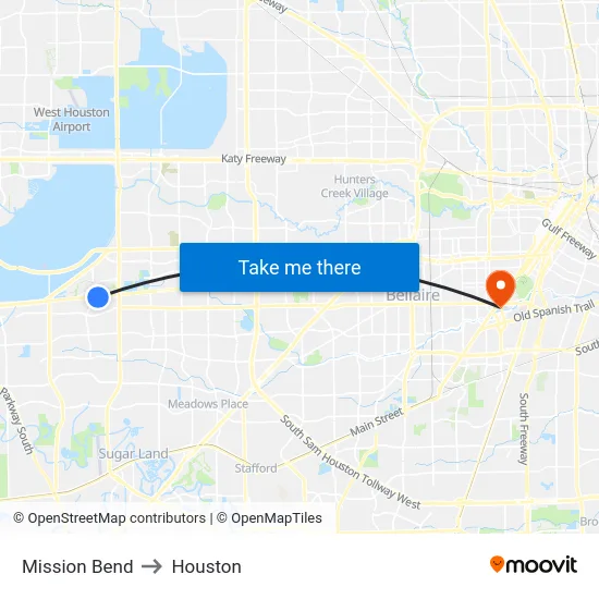 Mission Bend to Houston map